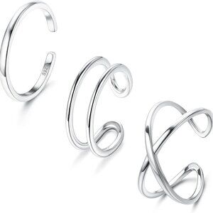 3Pcs 925 Sterling Silver Open Adjustable Rings for Women Men Stackable Cross Arr